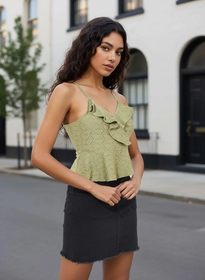 Freehand  Women Regular Fit Self Design Spaghetti Strap Neck Sleeveless Peplum Top for Women | Best Price UAE
